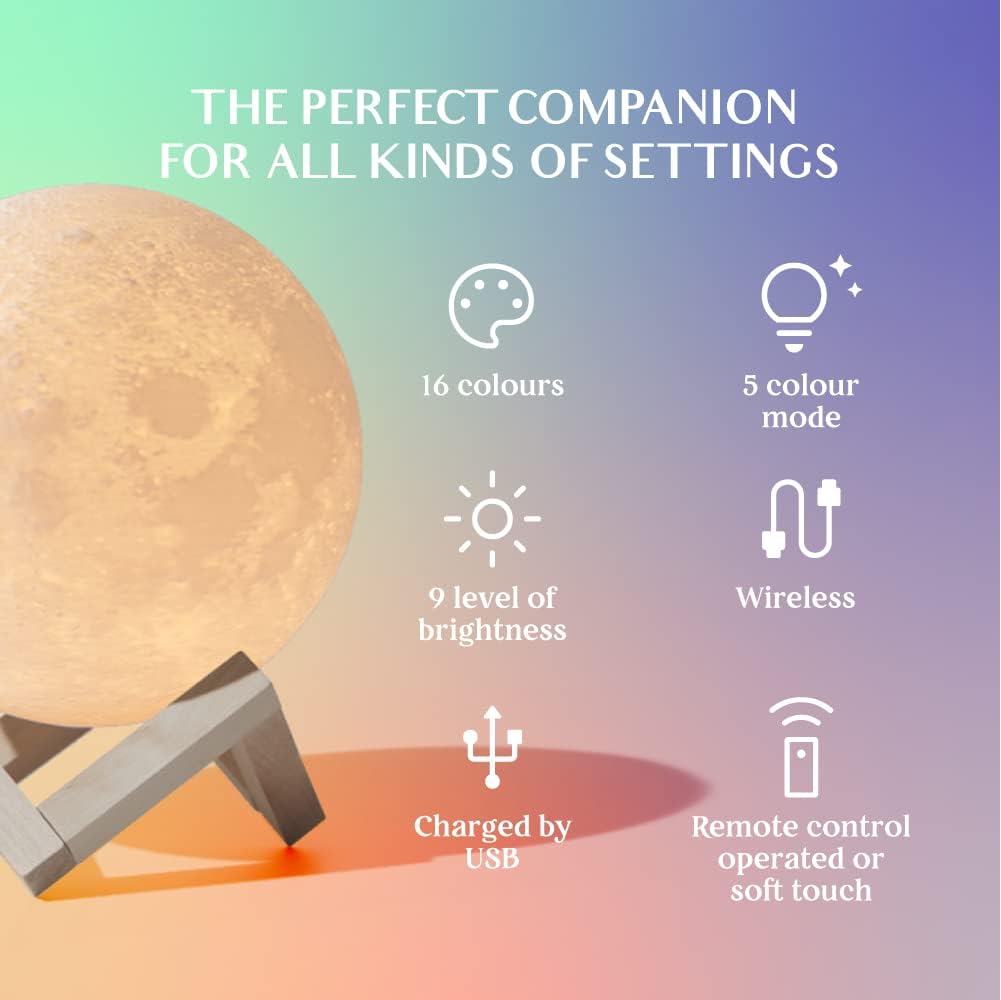 Moon lamp feature overview: 16 colours, 5 colour modes, 9 brightness levels, wireless, USB charging, remote or touch control
