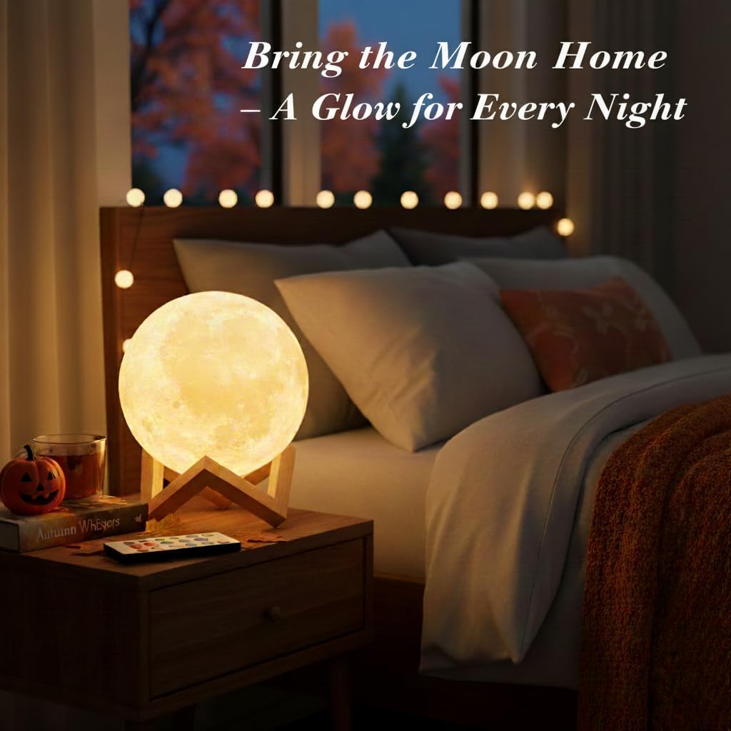 Moon lamp glowing on a bedside table next to a cosy bed at night