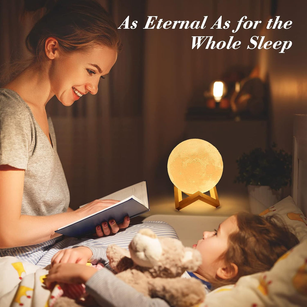 Parent reading a bedtime story to a child, with a moon lamp glowing beside the bed