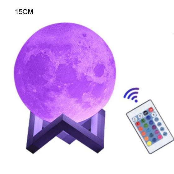 15 cm moon lamp lit purple on its stand, with remote control