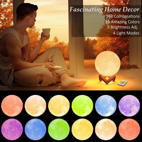Person relaxing by a window beside a glowing moon lamp, above a grid of the lamp's colour options