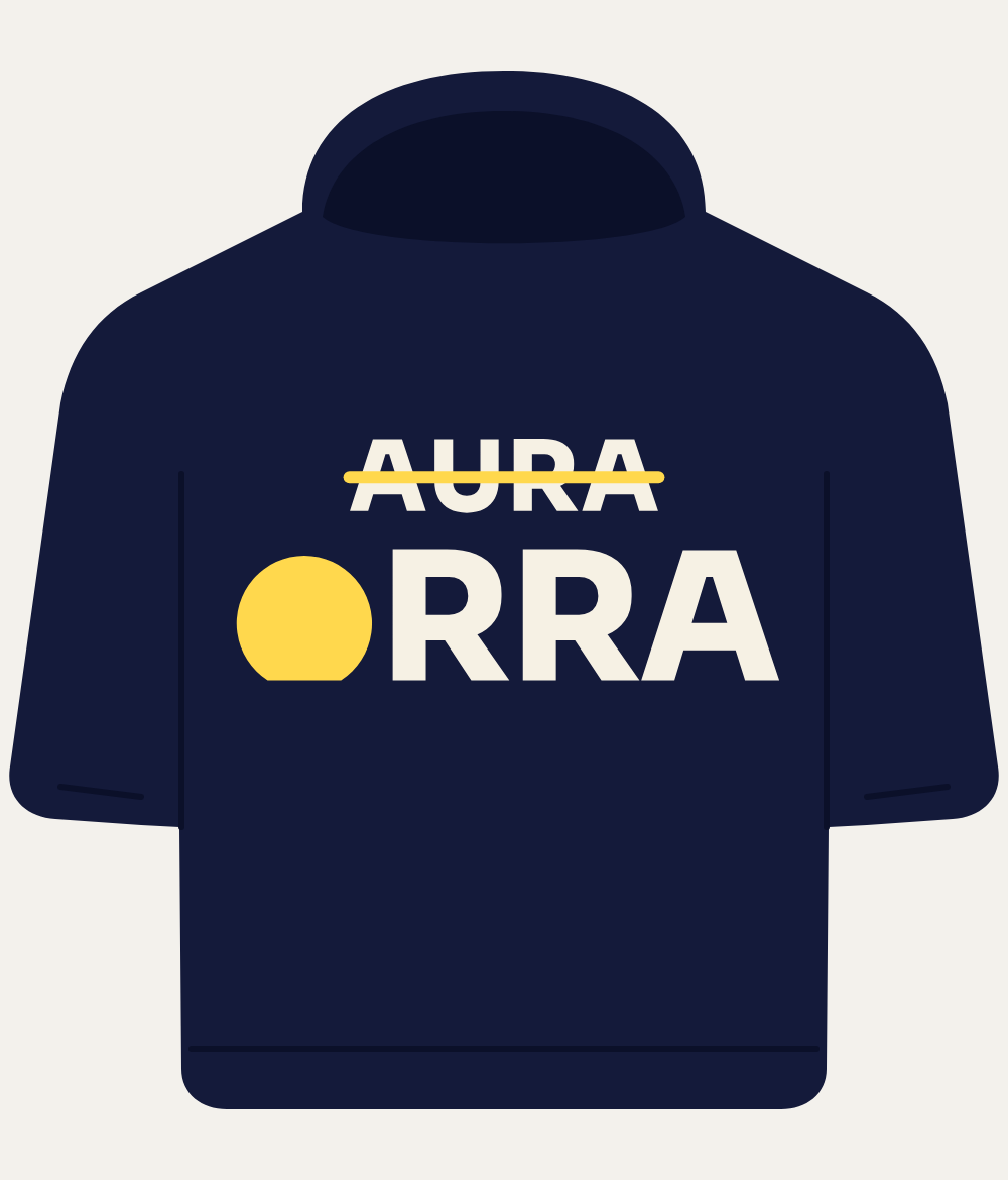 AURA / ORRA hoodie, back: AURA crossed out in yellow above a large ORRA whose O is a rising yellow moon