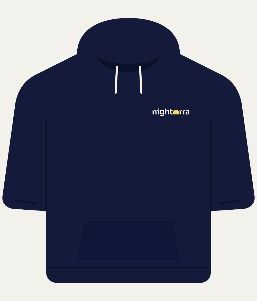 AURA / ORRA hoodie, front: midnight navy with the Nightorra wordmark on the left chest