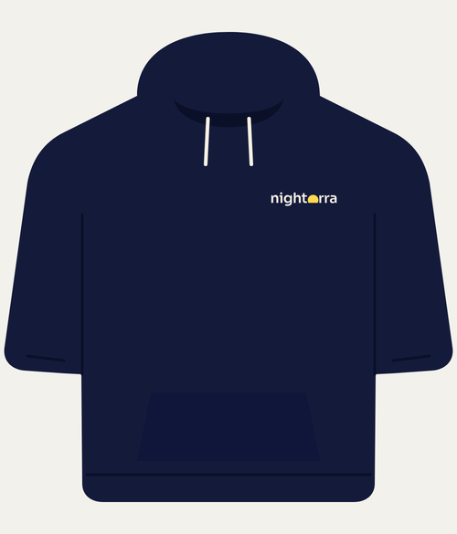 AURA / ORRA hoodie, front: midnight navy with the Nightorra wordmark on the left chest
