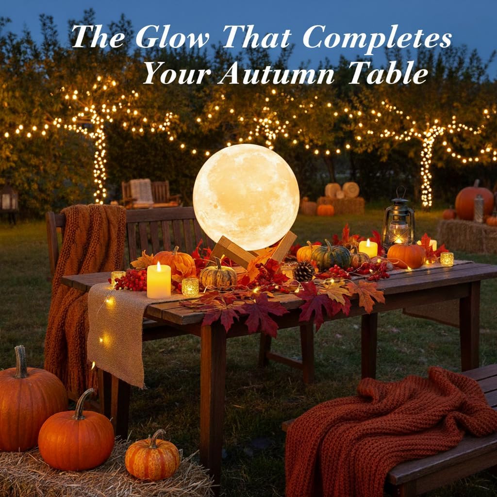 Moon lamp glowing on an outdoor autumn table with candles, pumpkins and string lights